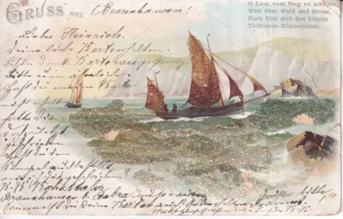 Gruss aus 1900 Segelboote auf Meeresklippen Glitzer Vintage Postkarte