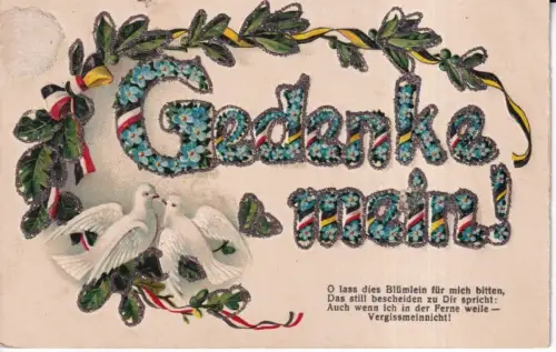 Dankbare 1913 Vergissmeinnicht Blumen Flagge Bänder Tauben Glitzer geprägte Postkarte