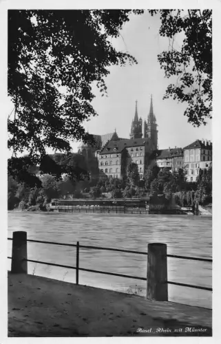Schweiz Basel Rhein mit Münster Dom Vintage Postkarte