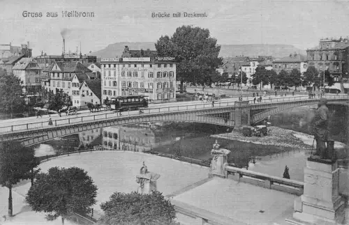 Deutschland 1912 Gruss aus Heilbronn Brücke Denkmal Straßenbahn Industrie Postkarte