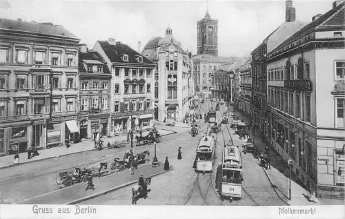 Deutschland Gruss aus Berlin Molkenmarkt Straßenbahn Kutschen Geschäfte Vintage Postkarte