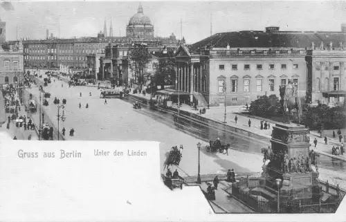 Deutschland Gruss aus Berlin Unter den Linden Denkmal Kutschen Vintage Postkarte