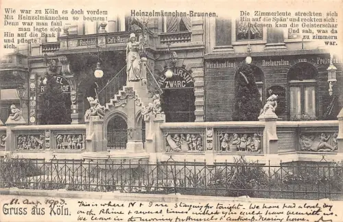 Deutschland 1903 Gruss aus koeln Heinzelmaennchen Brunnen Hotel Restaurant Postkarte