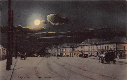 L513 Rumänien Oradea Nagyvarad 1915 Bahnhof Mondschein Vintage Postkarte