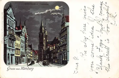 Deutschland Gruss aus Nürnberg Königsstraße Lorenzkirche Mondschein Litho Postkarte