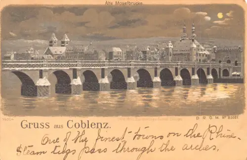 Deutschland Gruss aus Koblenz Alte Moselbrücke Brücke Mondschein Vintage Postkarte