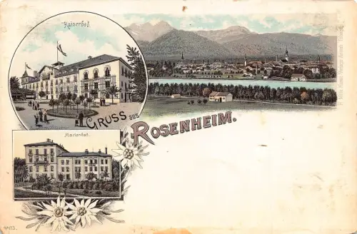 Deutschland Gruss aus Rosenheim Marienbad Kaiserbad Edelweiß Litho Vintage Postkarte