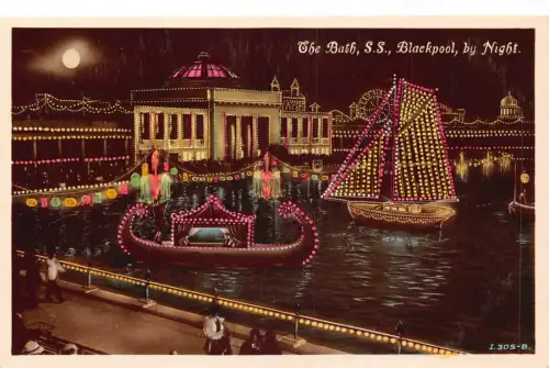 England The Bath Blackpool bei Nacht Mondschein Boote RPPC Vintage Postkarte