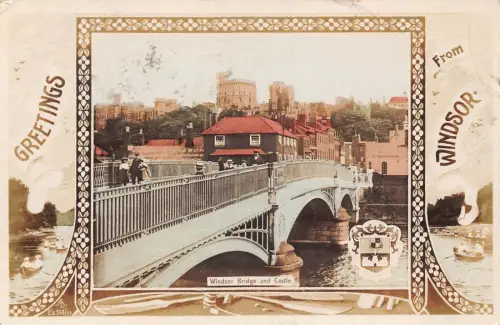 England Grüße aus Windsor Bridge Castle Blumen Wappen 1911 Postkarte
