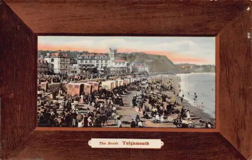 England Teignmouth Beach Busy of People Passepartout Vintage Postkarte
