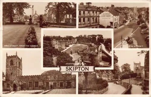 England 1953 Skipton Castle Bailey Parish Church High Street Cars RPPC Postkarte