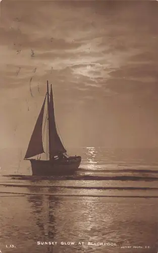England 1915 Sunset Glow at Blackpool Sailing Boat Vintage Postkarte