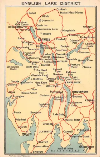 England English Lake District Karte Keswick Lake Side Wastwater Vintage Postkarte