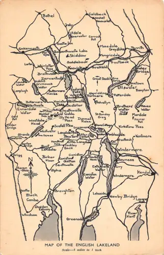 England Karte der englischen Seenplatte Maßstab 8 Meilen bis 1 Zoll Vintage Postkarte