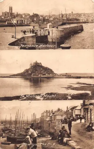 England 1927 Penzance Harbour St Michael's Mount Newlyn Cliff Boats Postkarte