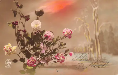 Weihnachtsgrüße Rosen Blumen und Heiliger Baum Vintage Postkarte