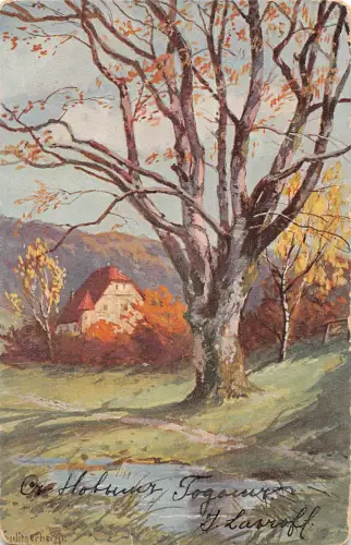 Russland malerische Landschaft mit Baum und Haus im Herbst Vintage Postkarte
