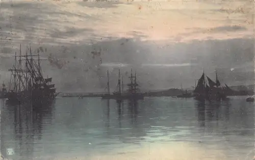 Russland 1909 Segelboote auf See bei Nacht Mondschein Vintage Postkarte