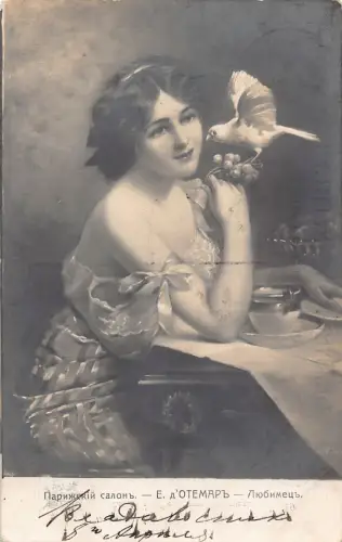Russland 1912 Paris Ausstellung Kunst Frau süßes Kleid Trauben Taube Vintage Postkarte
