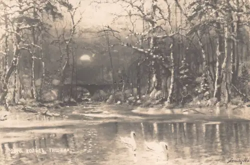 Russland 1912 Mondaufgang vom See aus gesehen Schwanenpaar Wald Kunst Vintage Postkarte