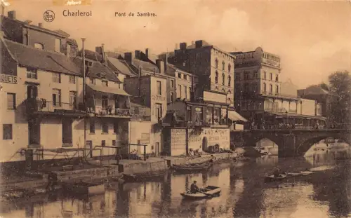 Belgien Charleroi Pont de Sambre Brücke Boote Vintage Postkarte