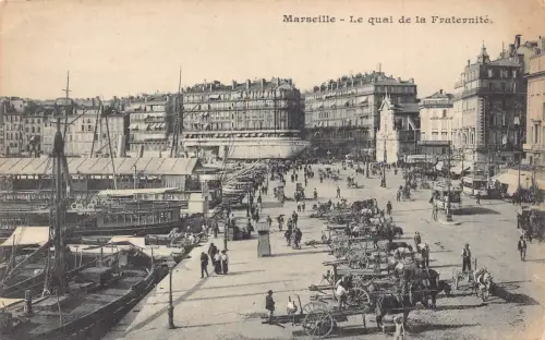 Frankreich Marseille Le Quai de Fraternite Karren Straßenbahn Boote Vintage Postkarte