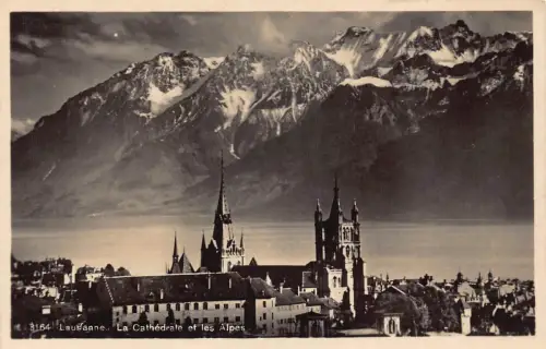 Schweiz Lausanne Dom und Alpen Berg Vintage Postkarte