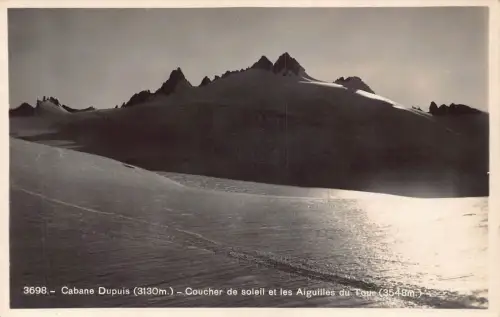 Schweiz Cabane Dupuis Coucher de Soleil Aiguilles Tour Schnee Vintage Postkarte