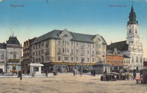 L514 Rumänien Oradea Nagyvarad Szent-Laszlo ter Bank Handel Vintage Postkarte