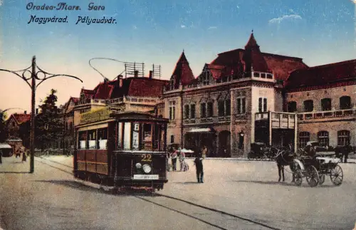 L514 Rumänien Oradea Nagyvarad Bahnhof Straßenbahn Vintage Postkarte