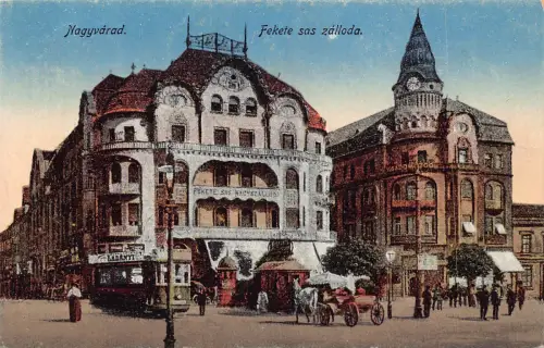 L514 Rumänien Oradea Nagyvarad Black Eagle Hotel Straßenbahn Vintage Postkarte