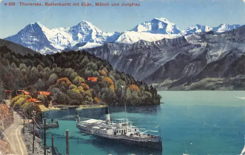 Schweiz Thunersee Beatenbucht mit Eiger Mönch Jungfrau Dampfschiff Postkarte