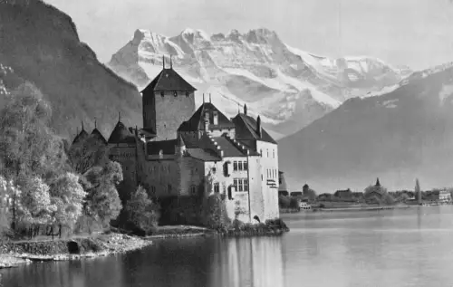 Schweiz Montreux Chateau de Chillon Schloss Dents du Midi Vintage Postkarte