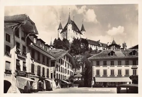 Schweiz Thun Rathausplatz Platz Anlässe Haus Hans Vintage Postkarte