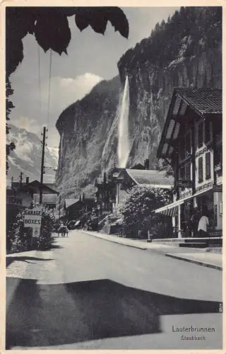 Schweiz Lauterbrunnen Staubbach Garage Boxen Schild Vintage Postkarte
