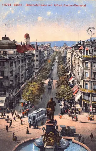 Schweiz Zuerich Bahnhofstrasse Alfred Escher Denkmal Hotel Tram Postkarte