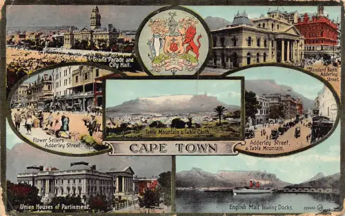 Südafrika 1914 Kapstadt Blumenverkäufer Parade Autos Wappen Postkarte