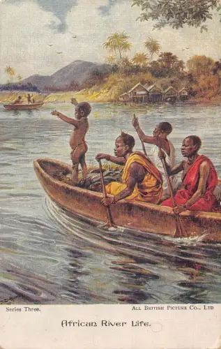 Nigeria Kunst Afrikanisches Fluss Rettungsboot Kinder Vintage Postkarte.
