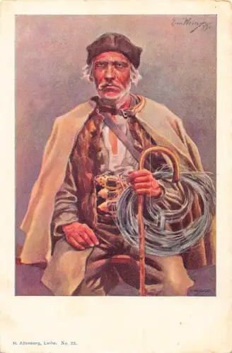 Polen alter Hirte Mann mit Stockstock Kunst von Zion Weing Vintage Postkarte