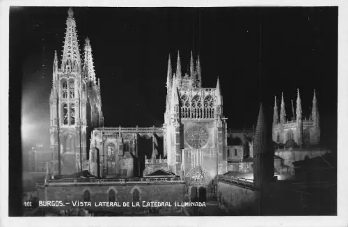 Spanien Burgos Kathedrale Nachts beleuchtet Vintage Postkarte