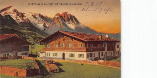 L324 Deutschland 1918 Bauernhaus im Garmisch mit Alpspitze Zugspitz Vintage Postkarte