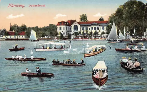 L324 Deutschland Nürnberg Dutzendteich Boote Schwanenpark Vintage Postkarte