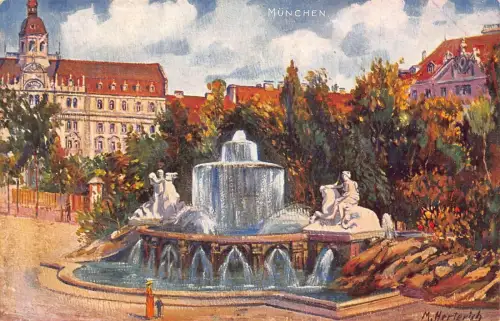 L321 Deutschland München Wittelsbacher Brunnen Gemälde signiert M Herterich Postkarte