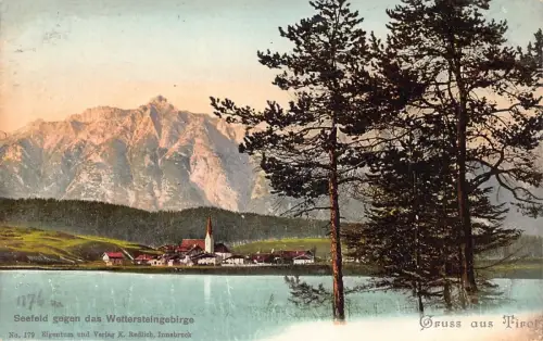 A075 Österreich Gruss aus Tirol Seefeld Gegen das Wettersteingebirge Baum Postkarte