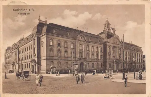 L173 Deutschland Karlsruhe i B Hauptpost Kutsche Wagen Oldtimer Postkarte