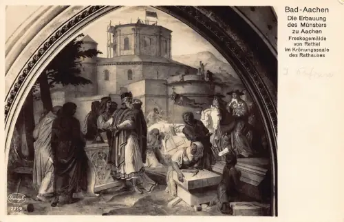 L052 Deutschland Bad-Aachen Die Erbauung des Münsters Gemälde RPPCvintage Postkarte