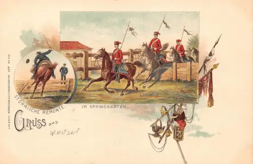 L002 Deutschland 1895 Gruss aus Militär Kavallerie Ausbildung Litho Postkarte