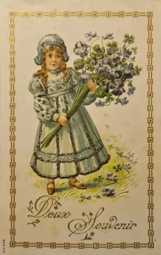 L163 Grüße 1907 Mädchen Blumen Kleeblatt geprägt Glitzer Postkarte