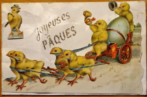 L163 Ostergrüße Vermenschlichte Küken Wagen Ei Glitzer Postkarte