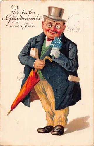 L001 Deutschland 1930 Neujahr Mann Regenschirm Geschenke Vergissmeinnicht Blumen Postkarte